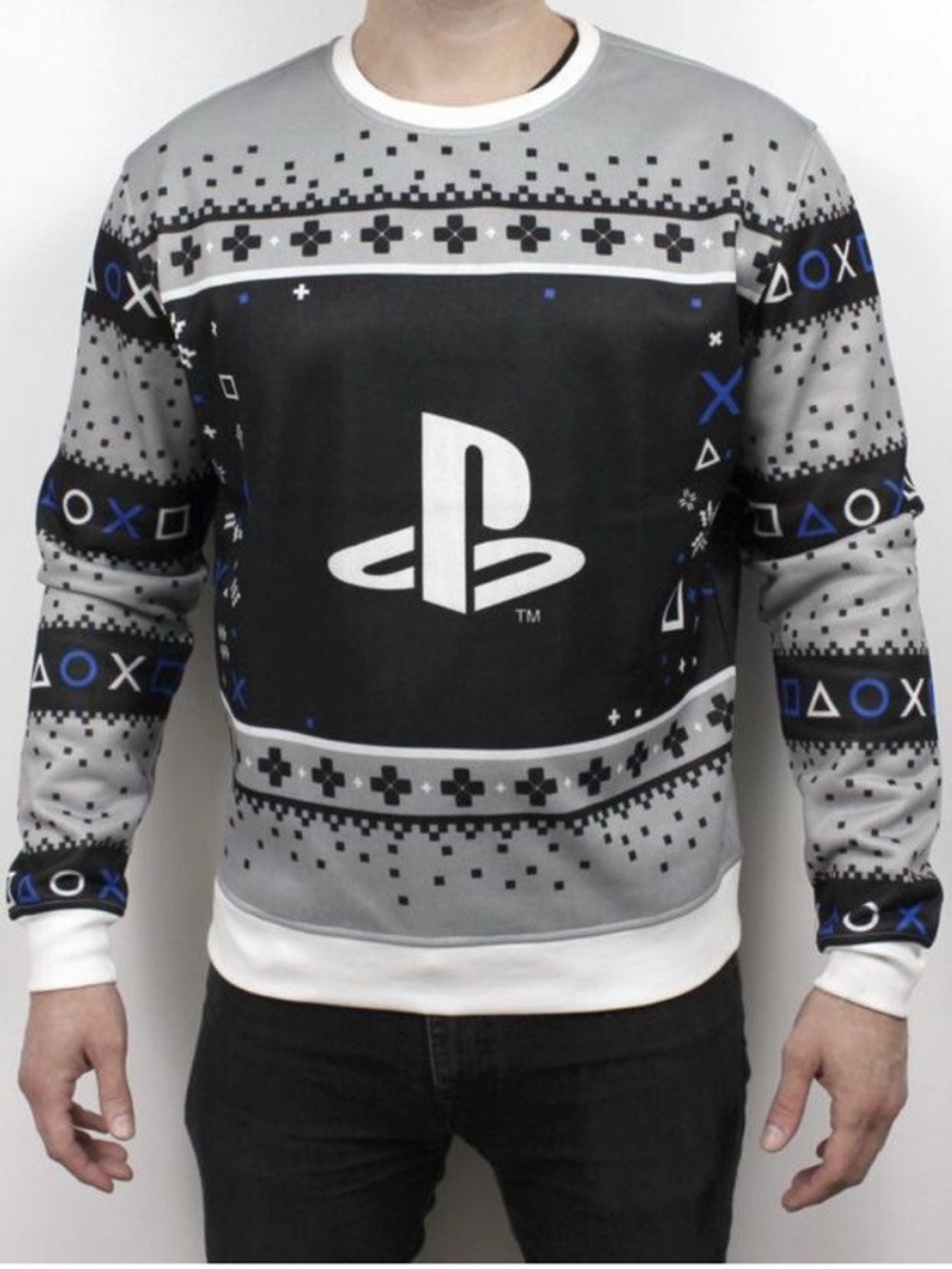 ThinkGeek PlayStation Ugly Holiday Sweatshirt - Black/Grey - 2X‎